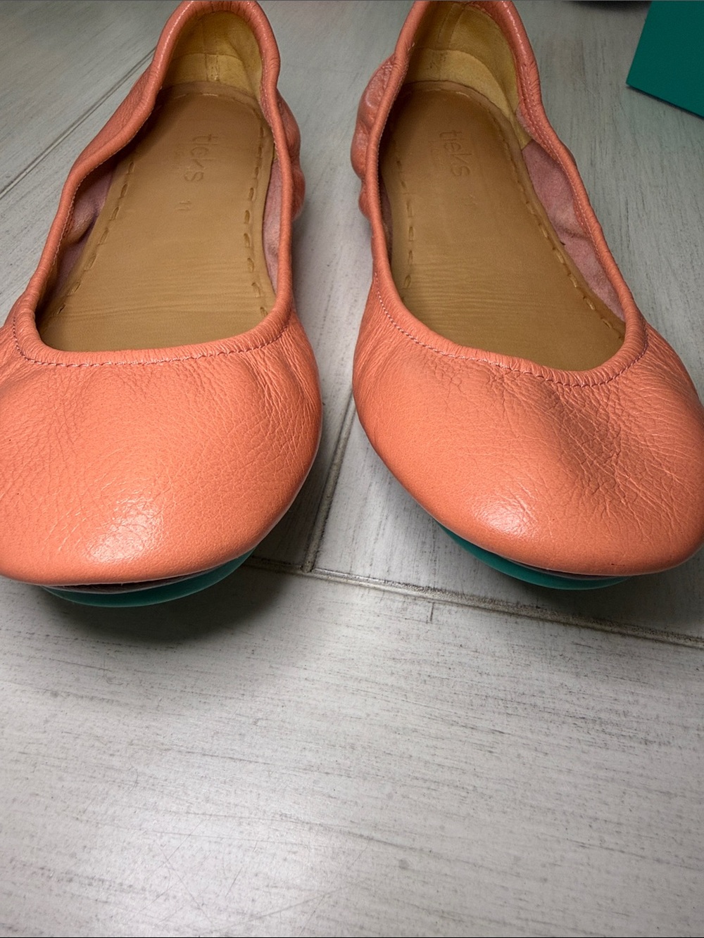 Tieks Peach Poppy Leather Ballet Flats with Teal Heel Tab - Picture 5 of 5